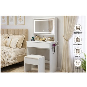 Tocador <span class=keywords><strong>Blanco</strong></span> con Espejo LED Iluminado, <span class=keywords><strong>Cajones</strong></span> de Almacenamiento, Taburete Acolchado y Soporte para Secador de Pelo - Product Image 2