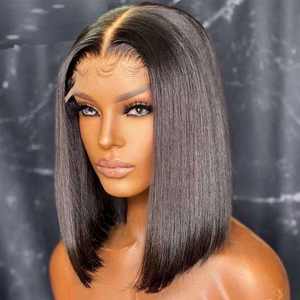 Pas cher prix court Bob dentelle avant/fermeture perruques droites coupe émoussée 100% <span class=keywords><strong>cheveux</strong></span> humains Double dessiné Bob perruques - Product Image 1