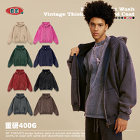 Sweat-shirt épais 400G délavé style rétro ample avec fermeture éclair pour homme, en mélange polyester/coton, coupe-vent, respirant et écologique (Ensemble)
