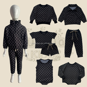 2025 Summer OEM <strong>Kids</strong> <strong>Normal</strong> Outfits Spring Clothing Sets Unisex Casual Suit Half Zip Pullover Sweater Set Checkered Shorts <strong>Kids</strong> - Product Image 1