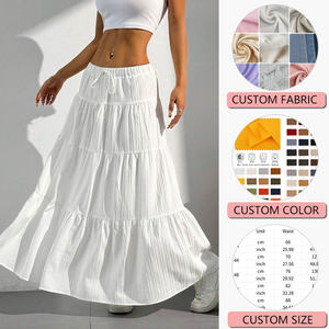Rok Maxi <span class=keywords><strong>Boho</strong></span> Elegan Pinggang Tinggi Kustom OEM Musim Semi Musim Panas Rok Panjang Elastis Warna Solid Ikat Ruffle Hem Bahan Chiffon Bernapas - Product Image 1