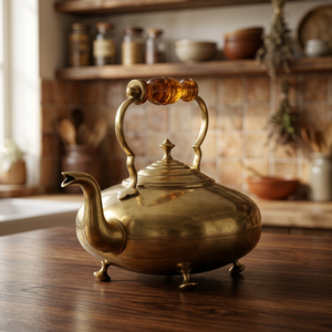 Vintage Brass Tea <b>Kettle</b> <b>With</b> <b>Wooden</b> <b>Handle</b> And Lid Metal Water Pot - Product Image 2
