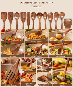 Set di 12 Utensili da Cucina in Legno di Teak con Poggiacucchiaio, Antiaderenti e Resistenti al Calore, Set di Spatole Naturali e Salutari per <span class=keywords><strong>Pentole</strong></span> e Padelle - Product Image 5