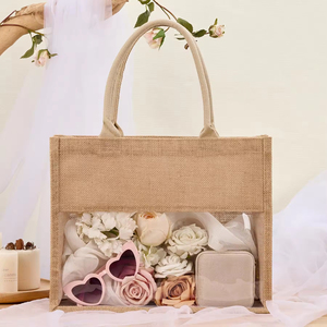 Sacs fourre-tout en toile de jute de haute qualité avec fenêtre transparente en PVC Cadeau de mariage de grande capacité avec logo personnalisé - Product Image 3