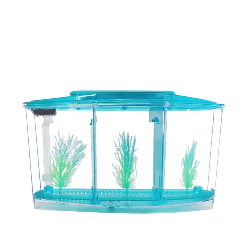 Kotak Aquarium mini akrilik, tiga pertempuran tangki ikan desktop ruang tamu lampu LED, berkelahi ikan kecil