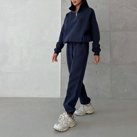 Ensemble de survêtement décontracté et sportif pour femme en coton et polyester, avec sweat à capuche demi-zip et pantalon de jogging, couleur unie, manches longues, coupe ample, écoresponsable