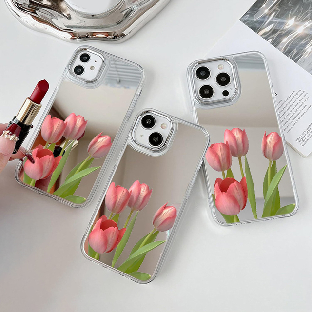 For iPhone 16 Case Luxury Girls Flower Makeup Mirror Mobile Phone Case Cover for iPhone 16 15 14 Pro Max 16 Plus