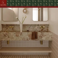 GOLDKING Meuble-lavabo mural de luxe moderne pour salle de bain principale, en marbre Monet Garden, avec double vasque, veinures beige, rose et vertes