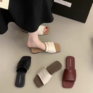 Women's Flat Slide Sandals Korean Chic Ruched Soft Leather Flat Slide Sandals Square Toe Casual <b>Summer</b> <b>Slippers</b> - Product Image 6