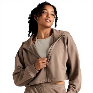 Women's Taupe <b>Cropped</b> Hooded <b>Zip</b>-<b>Up</b> Sweatshirt Full Sleeve Knitted Solid Color Autumn Wear - Product Image 1
