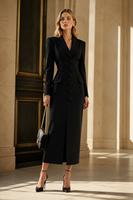 Robe longue fendue élégante noire vintage britannique haut de gamme pour femme, col en V, revers, simple boutonnage, dentelle, vente en gros transfrontalière ODM 2026