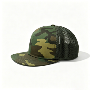 Woodland <b>Camo</b> Front Solid Black Mesh Back Flat Bill Trucker <b>Cap</b> Custom Logo 6-Panel Snapback Hip Hop Character Trucker Hat - Product Image 2