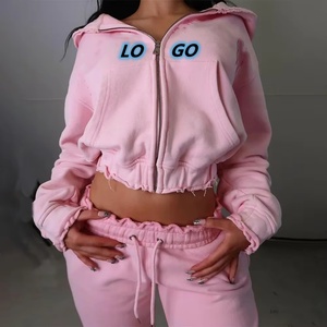 Ensemble de survêtement OEM personnalisé avec logo, broderie de patchs vieillis, sweat à capuche zippé et pantalon de jogging ample pour femme - Product Image 2