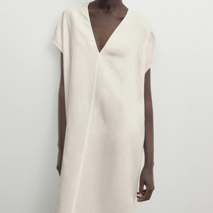 Robe décontractée à fente, style tunique en mélange de lin, col en V profond, jupe longue sans manches, faible MOQ, personnalisable avec impression - Product Image 3