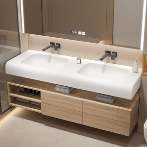 Modern Cream White Bathroom Vanity with Solid Surface Integrated <b>Sink</b> Floating Cabinet with <b>Storage</b> Drawers - Product Image 5