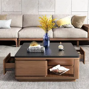 Modern Living Room Furniture Luxury Sintered Stone Wooden Top Black Square Coffee Tables