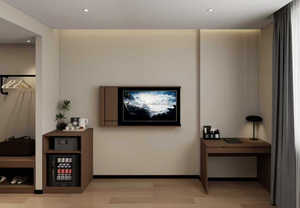 Meubles de chambre d'hôtel 3 étoiles sur mesure en gros : Cadre de lit en bois économique avec tables de chevet, meubles TV et armoires de rangement - Product Image 5