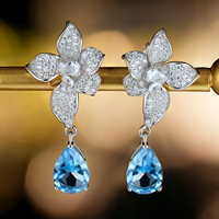 YBO Luxus Silber Ohrringe natürliche Birne blau Topas Edelstein Anhänger modische Iris Flower Drop Design für Hochzeits feier