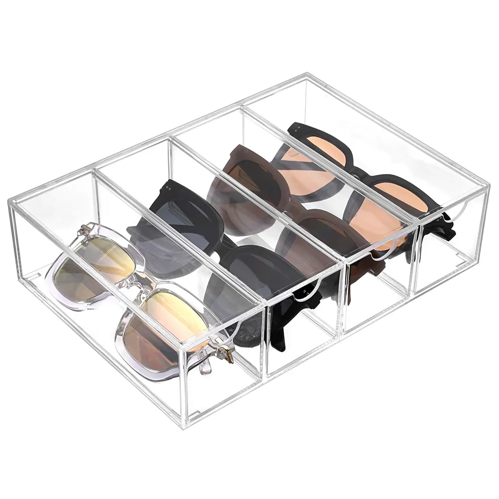 Acrylic Sunglasses Organizer with 4 Drawers Clear Acrylic Eyeglass Case Storage Display Holder Drawer for Jewelry Watch Vanity