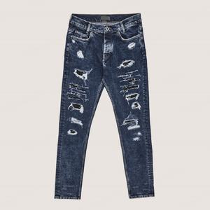 กางเกงยีนส์แฟชั่นล่าสุดขายส่ง ไม่มีแบรนด์ ดีไซน์เนอร์ชาย แต่งขาด หนังแท้ OEM กางเกงยีนส์ผู้ชายทรงสกินนี่ ขาดๆ แบบเดียว - Product Image 1