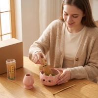Ensemble de thé matcha en céramique en forme de chat de dessin animé, kit de cérémonie du thé japonais en porcelaine mignonne pour cadeau et usage domestique