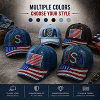 Casquette de baseball élégante et ajustable, effet vieilli, 6 panneaux, visière incurvée, motif drapeau américain, design personnalisé brodé, avec strass