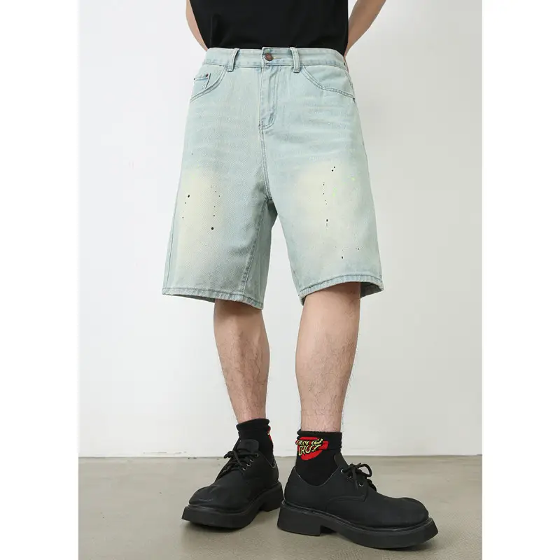XINEN Stylish High Street Jean Shorts Summer Style Loose Casual Pants Wash Light Blue Jeans pour hommes