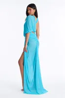 Robe de soirée longue grande taille en maille turquoise, décolleté en V profond, manches drapées torsadées, dos croisé, découpes, fente haute, vente en gros personnalisée