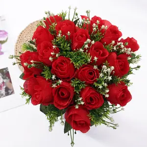 Bouquet da sposa da sposa a 18 teste decorativo bianco rosso matrimonio romantico fiori artificiali di rosa per la decorazione di eventi di nozze