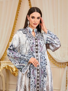 Vestido Islámico Maxi de Satén de Poliéster, Antiencogimiento, con Estampado Paisley Degradado en Azul, Plisado, para Mujeres Adultas, Estilo Modesto, Gran Venta - Product Image 5