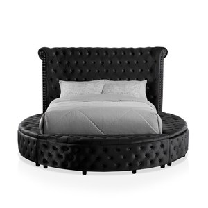 King <b>Size</b> Adjustable Modern Soft <b>Bed</b> Round Storage Black Velvet Like Acrylic Button-Tufted Wingback Design - Product Image 5