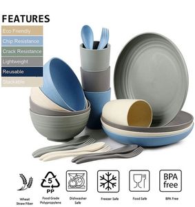 Ensemble de vaisselle en paille de blé, assiettes de couleurs assorties, incassables, légères, vaisselle de table - Product Image 3