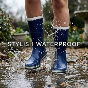 Bottes <span class=keywords><strong>de</strong></span> <span class=keywords><strong>pluie</strong></span> en caoutchouc mi-mollet pour femmes, toutes saisons, <span class=keywords><strong>bleu</strong></span> <span class=keywords><strong>marine</strong></span> uni, avec bord festonné ondulé, vente en gros - Product Image 1