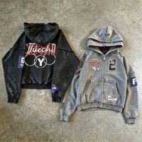 Sweat à capuche vintage pour homme, personnalisé, style streetwear, patchwork, broderie, coupe courte, en coton épais, délavé à l'acide, effet usé, avec fermeture éclair
