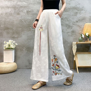 [] Chinese Ethnic Style Wide-Leg Pants Women Black And White Artistic Embroidery Casual Loose Fit - Product Image 3