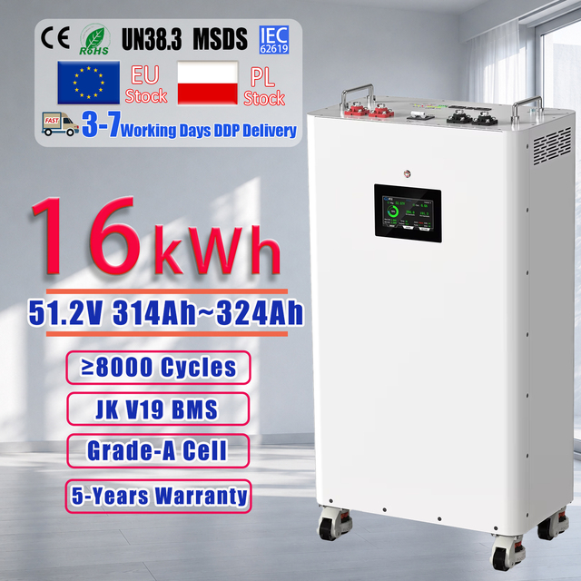 Poland Stock 51.2V 314AH 315Ah 280Ah 16kwh 8000cycle JK 200A BMS+220A Circuit Breaker+heating Pad Ready to Use LiFePo4 Battery