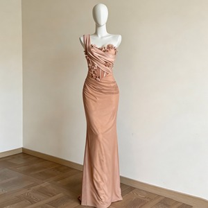 Midi Satin V-neck Long Sleeve Casual <b>A</b>-<b>Line</b> <b>Dress</b> with Gold Buttons Solid <b>Pattern</b> Sheer Layer Ruffle Hem for Daily Spring Wear - Product Image 1