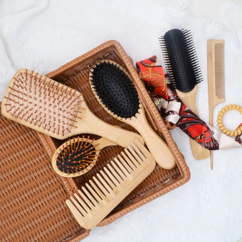 Best Quality Bamboo Cushion Paddle Hair Brush for Massage Custom Logo Wide Tooth Bamboo Comb Hair Brush Comb Set