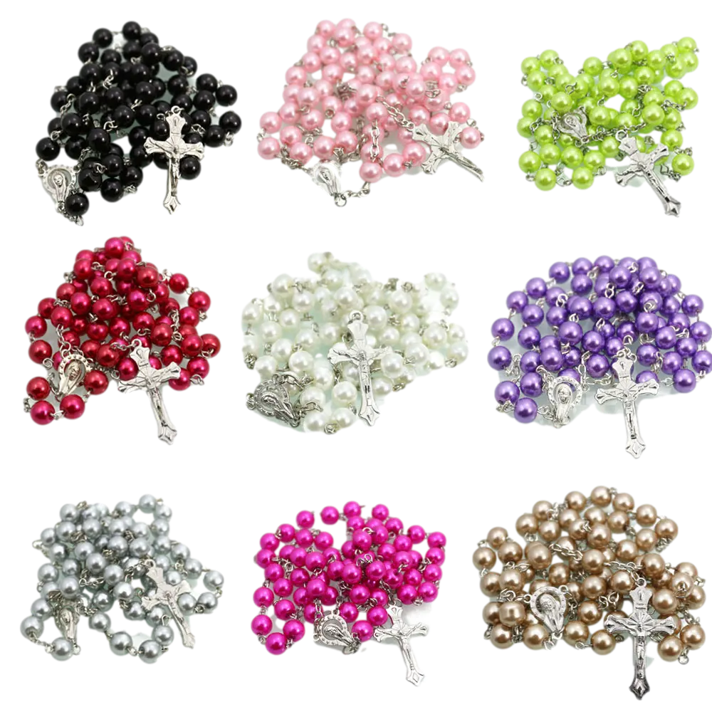14 Colors 8mm Beads Catholic Rosary Wholesale Religious Rosary Cross Necklace
