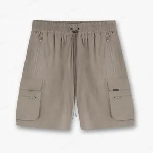 Pantalones cortos de entrenamiento con cremallera para hombre, con logotipo personalizado, cintura elástica, cordón, 4 vías, nailon, informales