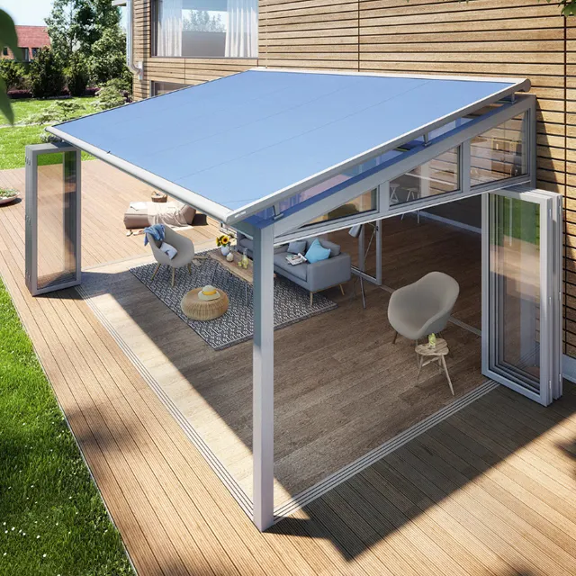 Новый дизайн, тент, выдвижной зеленый дом, алюминиевые закаленные солнцезащитные очки, алюминиевые водонепроницаемые выдвижные тенты