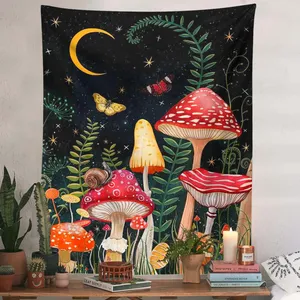 Arazzo di funghi arazzo di luna e stella Boho arazzi estetici verticali da appendere alla parete per la camera da letto