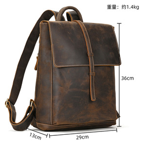 Retro Crazy Horse Leather <b>Backpack</b> 14 Inch Laptop Bag Men's Flap Closure Casual Travel Schoolbag - Product Image 2