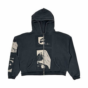 Felpa con cappuccio e zip da uomo in French Terry spazzolato pesante, grigio nero sbiadito, nuova con etichette, con grafica patchwork - Product Image 6