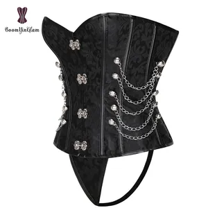 Sexy Korte Vintage Jacquard Stalen Uitgebeende Corset Paleizen Lederen Korsetten Metalen Gesp Decoratieve Ketting Corselet Zwart Bruin