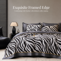 Parure de lit 4 pièces en fibre de polyester 100 % imprimé zèbre, effet soie lavée, bordure contrastée haute densité, noir et blanc, draps en satin rafraîchissants