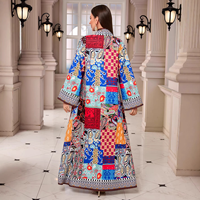 Abaya ample à manches longues en polyester respirant, col en V, avec strass et imprimé patchwork ethnique, robe musulmane