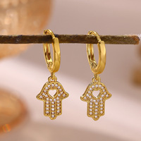 Pendientes Colgantes Clásicos de Moda Cristiana con Diseño de Ojo del Diablo en Forma de Palma de la Mano, de Acero Inoxidable con Baño de Oro Real e Incrustaciones de Zirconia