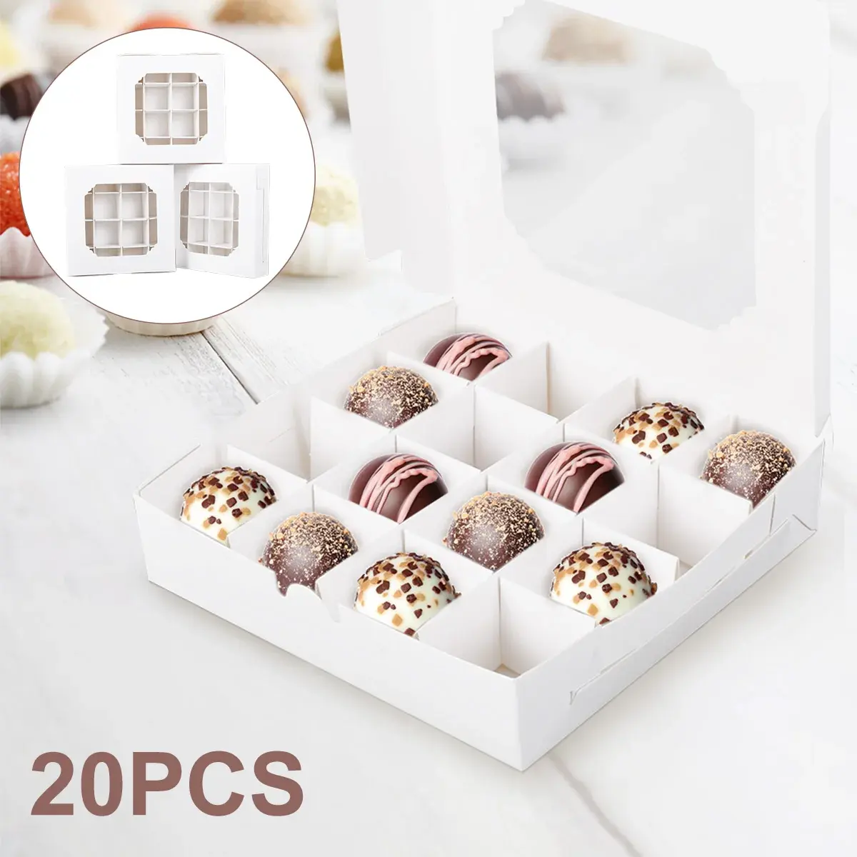 20Pcs Party Cupcake Boxes Vazio White Gift Candy Boxex Inserts Clear Window Divisor Chocolate Bolo Embalagem Bag Party Supplies