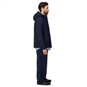 Custom <b>Men's</b> Winter Navy Blue Lined Polyester <b>Safari</b> Hooded <b>Jacket</b> Waterproof Breathable Windproof Lightweight Zip-Up Casual - Product Image 4